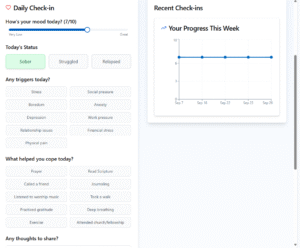 SoberPath app Daily Check-In screen allowing users to track mood, cravings, and recovery progress