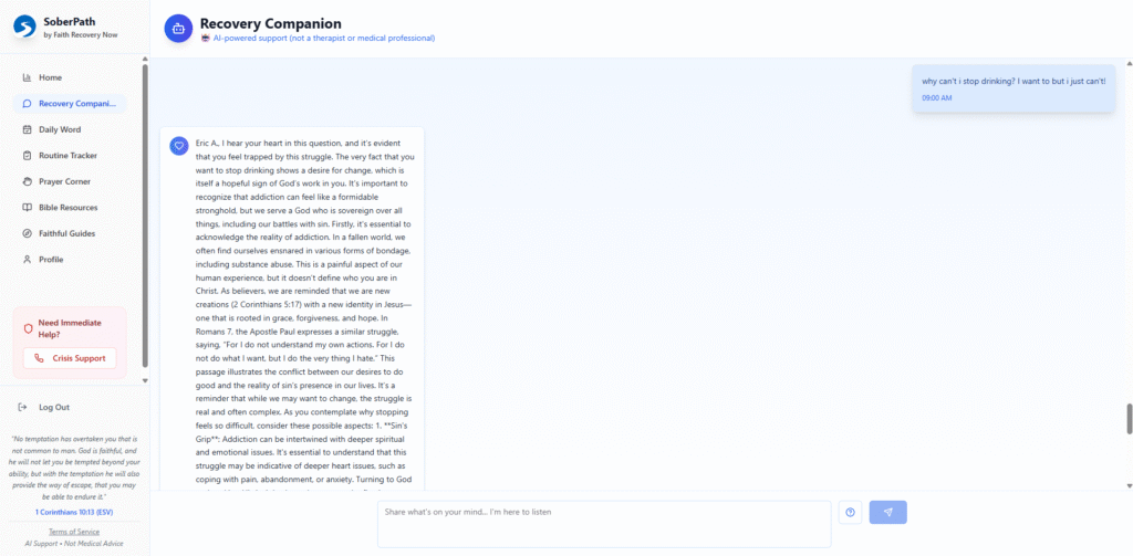 SoberPath app AI companion providing faith-based recovery support and guidance