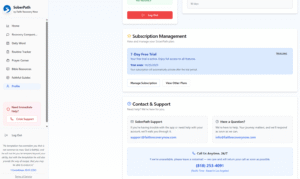SoberPath app Subscription Management screen showing plan details, payment options, and account status