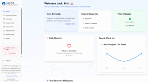 SoberPath app dashboard for tracking recovery progress and accessing AI guidance