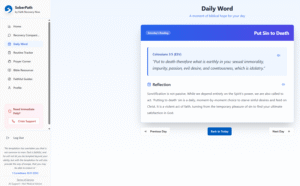 SoberPath app Daily Word feature displaying a daily scripture for encouragement in recovery