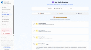 SoberPath app Daily Routine screen showing a structured recovery schedule and activities for users