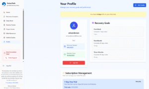 SoberPath app Your Profile screen showing user information, recovery stats, and personalized settings